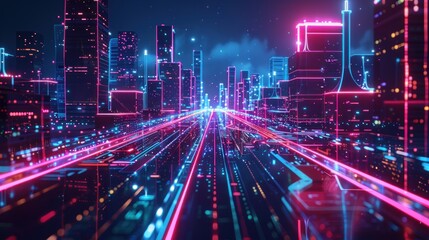 Fototapeta premium 3d render of Technology network for 5g neon and light glowing on dark scene