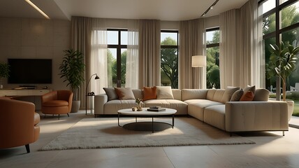 Fototapeta premium Minimalist Scandinavian interior design with empty wall mockup in beige color theme. Contemporary living room interior concept.