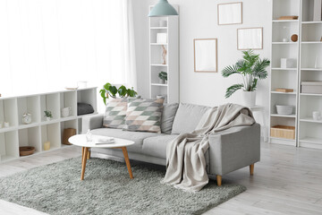 Cozy sofa with plaid and cushions, coffee table, shelving units and frames on wall in living room