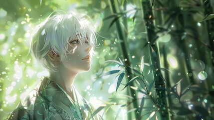 a meditating anime boy in a bamboo landscape looking beautiful and happy