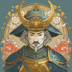 A poster of a samurai with a sword and flowers in the background.