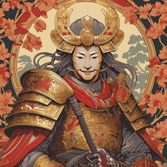 A poster of a samurai with a sword and flowers in the background.