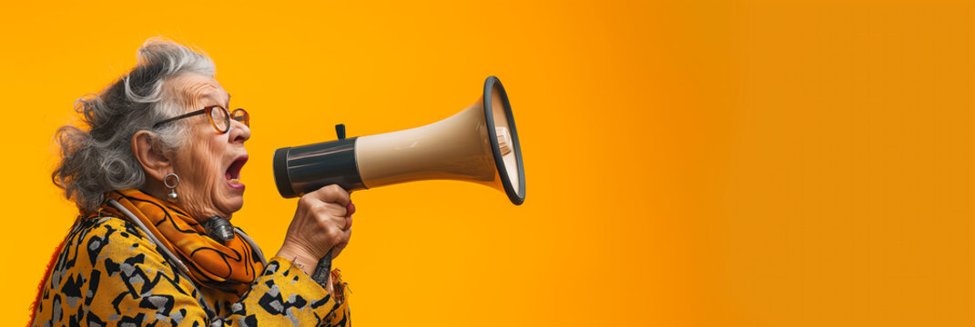 Elderly woman shouting into a megaphone against an orange background expressing opinion communication activism loud announcement senior citizen vibrant expressive concept

