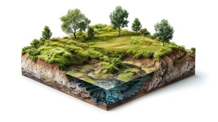 Isometric Farmland Landscape with Cross-Section of Underground Water Table - Digital Art in Octane Render on White Background