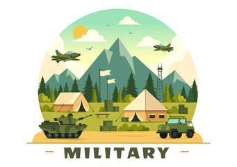 Vector Illustration of Military Army Forces featuring Soldiers, Weapons, Tanks, and Heavy Protective Equipment in a Flat Style Cartoon Background