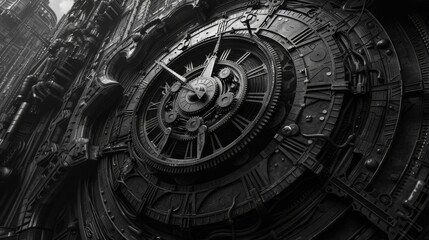 Obraz premium Steampunk clock with gears and metal parts for futuristic or fantasy design