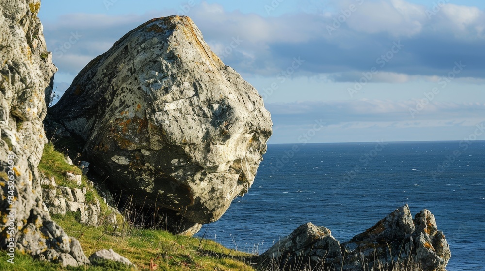 Poster a large boulder perched on the edge of a cliff its surface worn smooth from centuries of exposure to