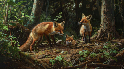 Fototapeta premium Family of Foxes in Lush Forest Habitat