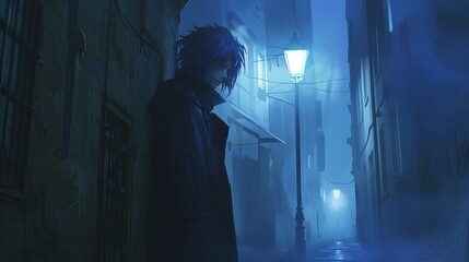 a cold hearted anime boy standing in a lone dark street at midnight and standing in introverted nature pose