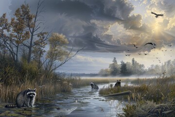 Naklejka premium Raccoons in Misty Wetlands at Dawn