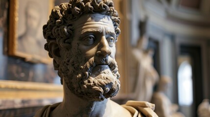 Detailed sculpture of a bearded man with curly hair