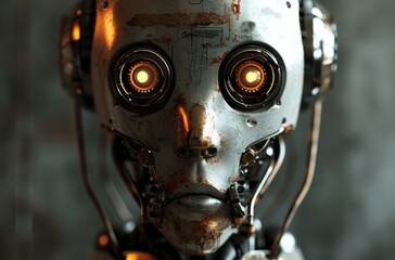 Close-up of a rusted and weathered robot face with glowing eyes