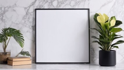 Elegant Minimalist Wall Art Framed Above Contemporary Marble Countertop with Flora and Fauna Arrangements