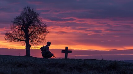 silhouted dipection a soldier observing death by mourning on the grave of his friend