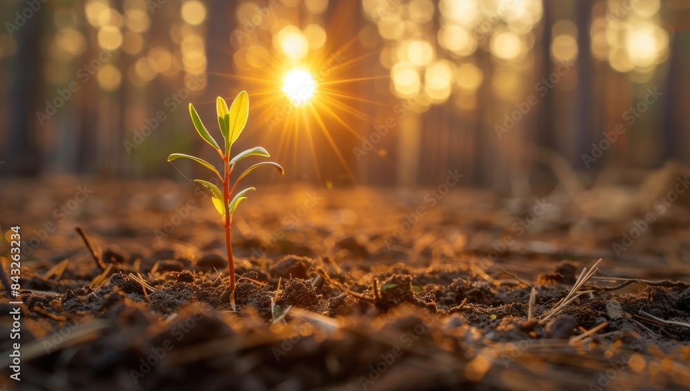 Wall mural Bright sun shining on a small plant sprouting from the earth