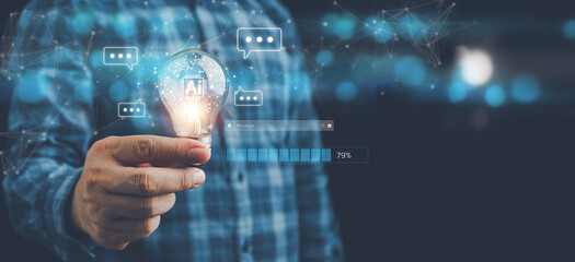 Ai technology, Artificial intelligence or AI of futuristic technology concept, Businessman hand holding lightbulb with glowing virtual Ai, futuristic innovation, Futuristic technology transformation.