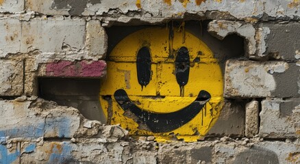 Graffiti art of a distorted smiley face on a dilapidated wall