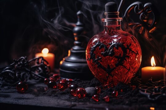 Mysterious potion bottle with dark smoke and candles