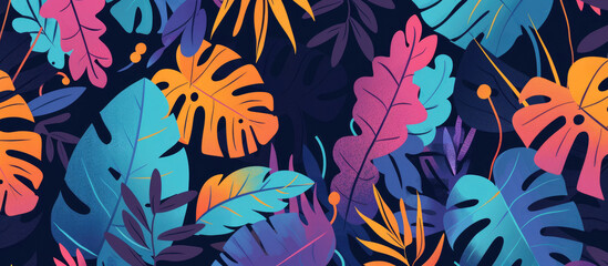 Vibrant tropical leaf pattern in various shapes and sizes with bold colors like orange, blue and magenta on a dark background
