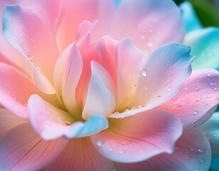 Pink flower with delicate petals, set against a background of Korean pastel rainbow colors, creating a soft and dreamy visual effect