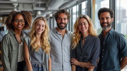 Obraz premium Diverse group of people in office, smiling at camera, wearing casual clothes, wide angle, city view windows