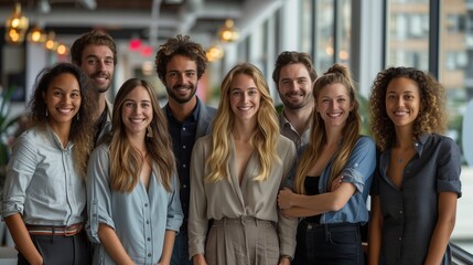 Fototapeta premium Diverse group of people in office, smiling at camera, wearing casual clothes, wide angle, city view windows