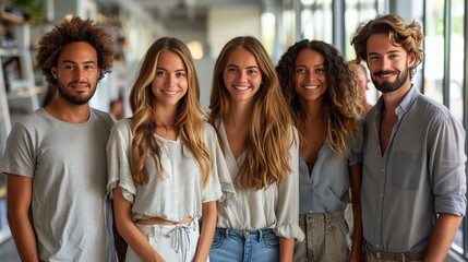 Fototapeta premium Diverse group of people in office, smiling at camera, wearing casual clothes, wide angle, city view windows
