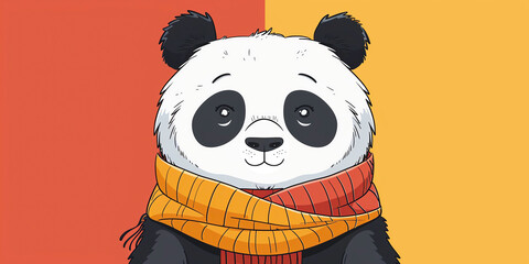 Fototapeta premium Cartoon panda with a cozy scarf, set against a split brown and yellow background, depicting a cute and warm character.
