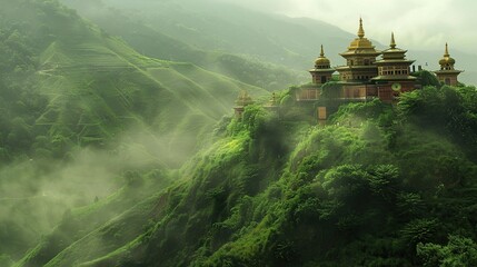 pagodas sitting on top of a lush green hillside