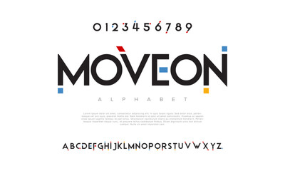 Moveon creative geometric modern urban alphabet font. Digital abstract futuristic, fashion, sport, minimal technology typography. Simple numeric vector illustration