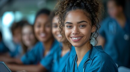 Fototapeta premium Young doctors in blue scrubs, holding tablets, smiling, engaging in a lesson with their instructor
