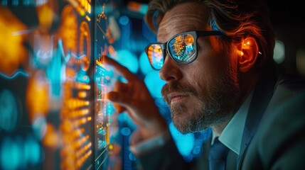 Man in suit and tie with LED lit smart glasses pointing at interactive screen showing graphs, charts, data