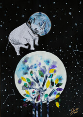 Rinoceronte florando en la luna y la luna con flores, al fondo se ven las estrellas y la galaxia  © Damaris