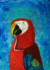 Cara de guacamaya roja sobre fondo azul.  Ilustración en acrílico, ilustración infantil , cuadro, arte © Damaris
