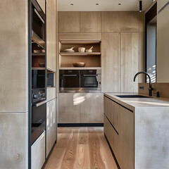 Fototapeta premium Kitchen design ideas for home or apartment with materials from wood, design, kitchen, house, apartment, furniture, sink, oven, shelves, windows, daytime, AI-generated.