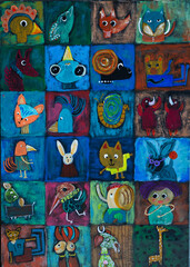 Fototapeta premium Lotería de animales fantásticos. Ilustración en acrílico, ilustración infantil 