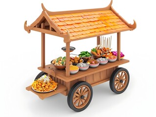 Adorable 3D Rendered Food Cart Displaying Bowls of Savory Thai Khao Soi Noodle Soup with Assorted Toppings on Isolated White Background
