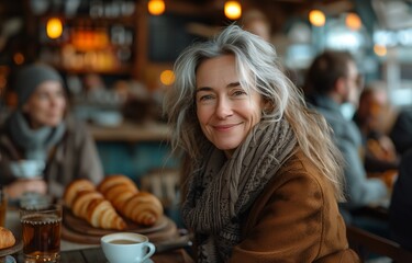Senior woman smiling with friends, enjoying coffee and croissants at a modern cafe table