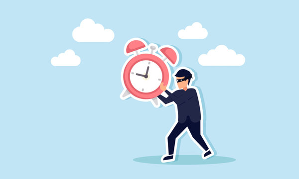 Steal time combat procrastination, boost efficiency, and meet deadlines, concept of Burglar thief steals a clock and runs away