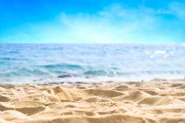 Nature of the beach and sea Summer with sunshine, sandy beaches, clear blue waters sparkling against the blue sky. On an island with good ecology and environment Background for summer vacation