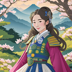 A woman in a kimono with mountains in the background.