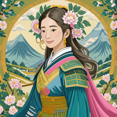 A woman in a kimono with mountains in the background.