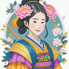 A woman in a kimono with mountains in the background.