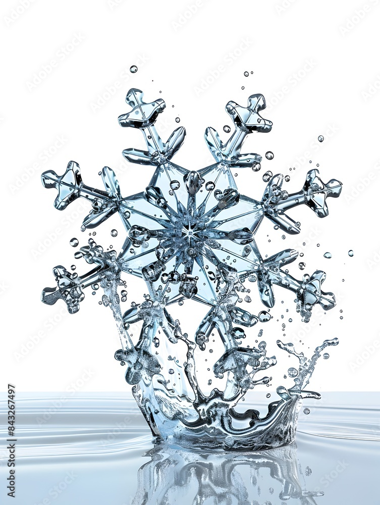 Poster intricate snowflake formed by splashing water on isolated white background