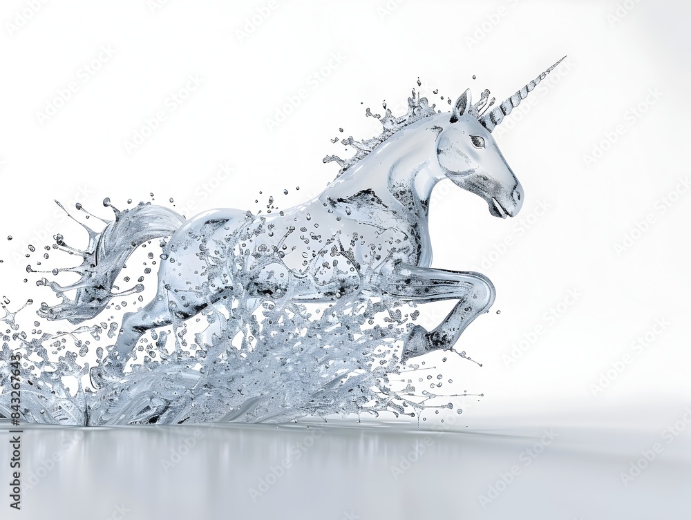 Poster magical unicorn emerging from splashing water on isolated background