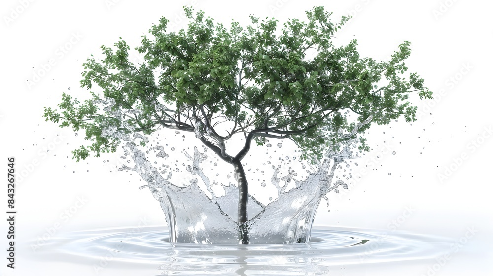 Poster lush tree silhouette formed by dynamic water splash in 3d rendering