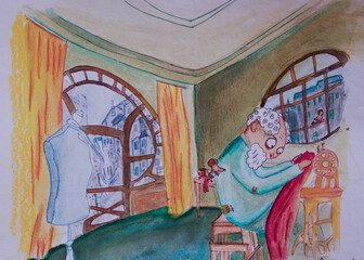 Ilustración de un abuelo confeccionando en una maquina de coser dentro de una casa con ventanas