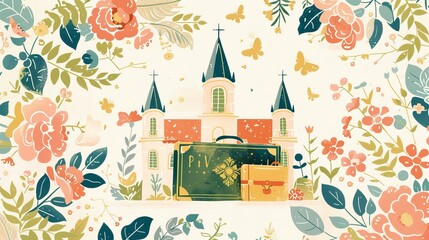 Vintage church building with floral design for wedding or christian event invitations