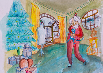 Ilustración en acuarela de un abuelo vestido de rojo abrazando a un gato, justo a ellos un árbol de navidad dentro de una casa