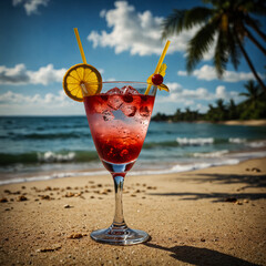 Fresh cold cocktail on tropical beach.	
